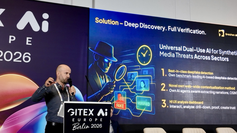 Jakob Tesch presenting Gretchen AI deepfake verification on the GITEX AI Europe stage