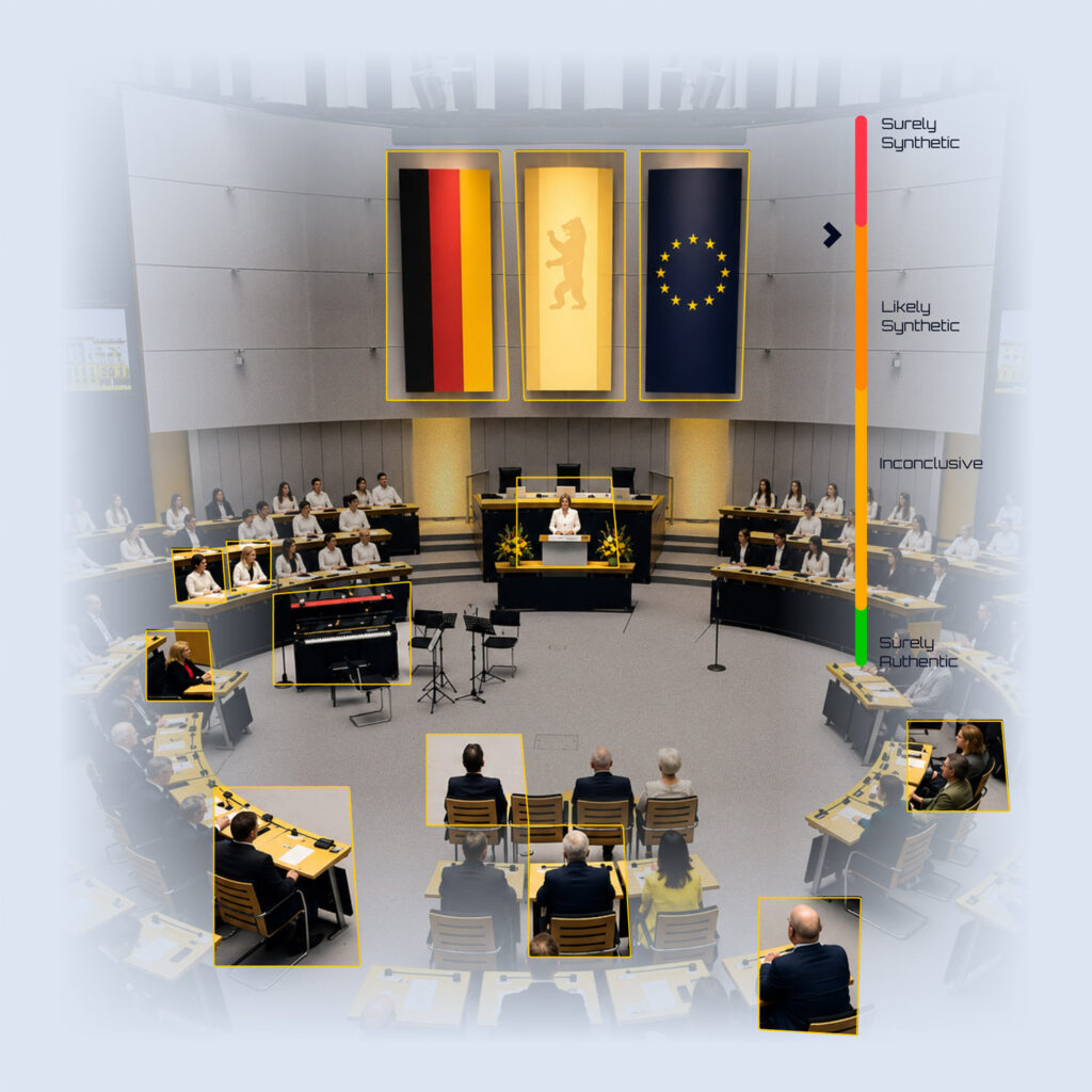 KI-generierte Illustration zur Berlin-Wahl 2026: Gretchen AI erkennt Anzeichen für manipulierte Bilder und Desinformation im Berliner Abgeordnetenhaus.