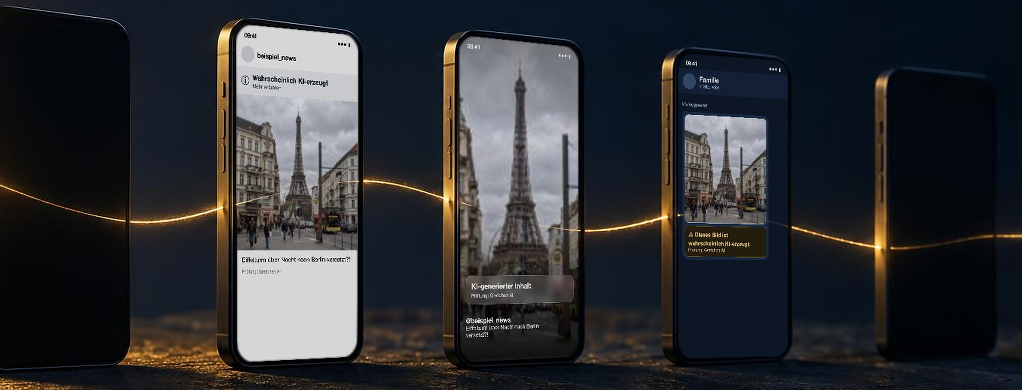 Drei Handys mit drei verschiedenen Apps zeigen dasselbe Bild mit einem Hinweis, dass es wahrscheinlich KI-erzeugt ist, jeweils im Design der App
