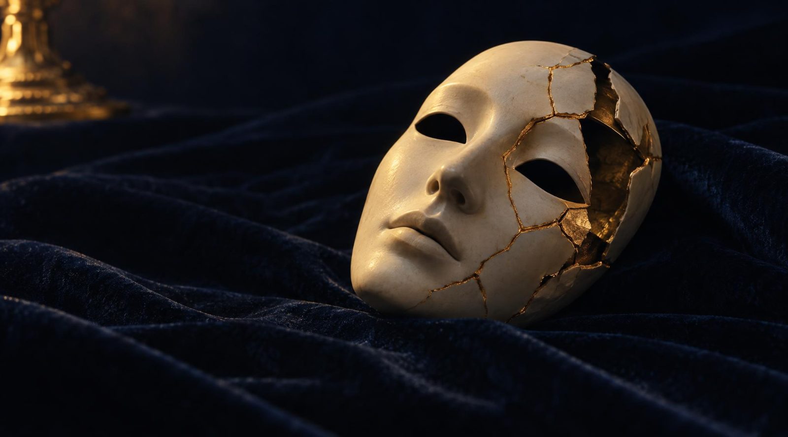 Porzellanmaske mit goldenen Kintsugi-Rissen auf dunklem Samt