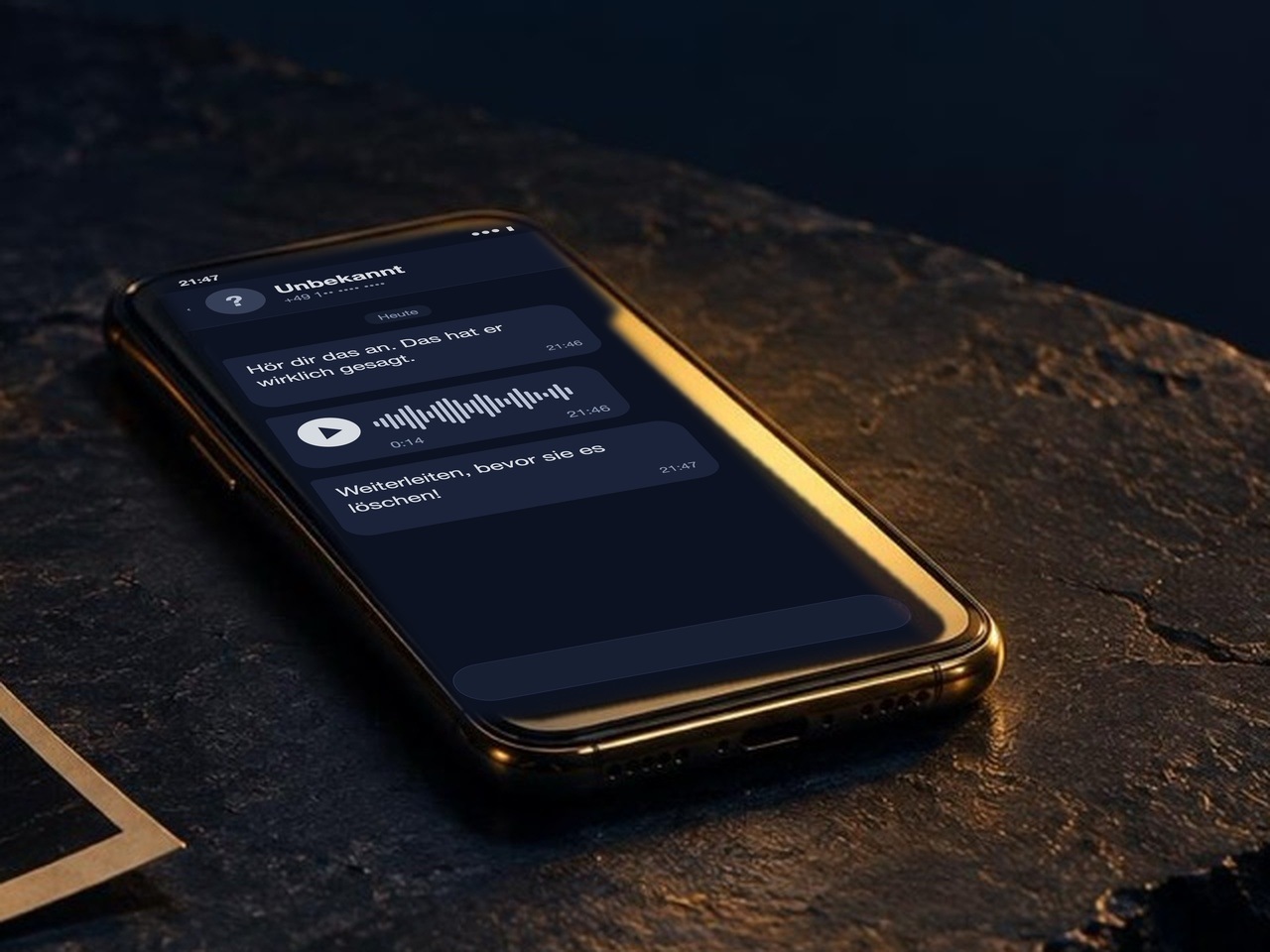 Handy auf dunklem Stein mit einer Sprachnachricht von einem unbekannten Absender im Messenger